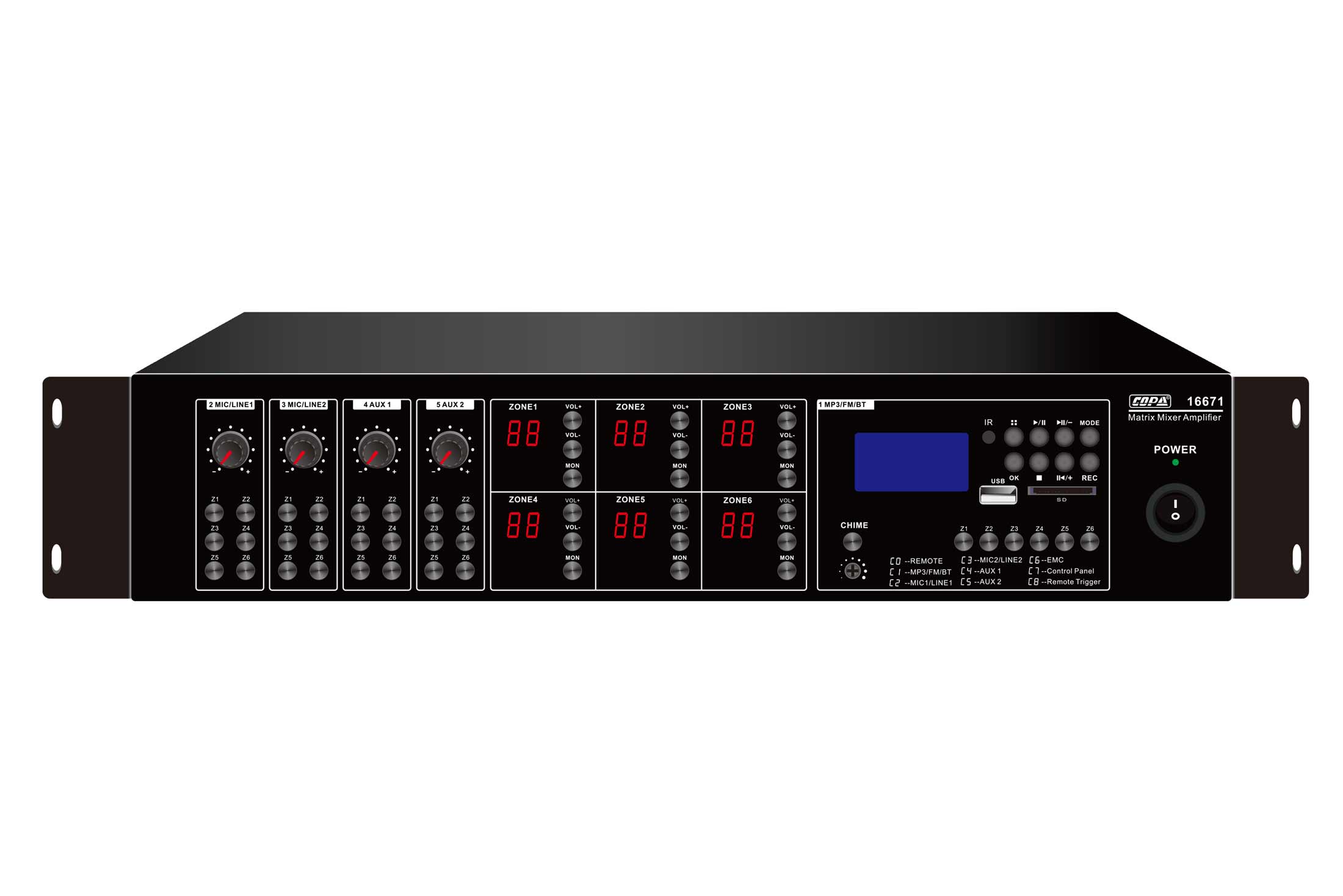 מגבר מיקסר 6x120W מטריצה 6×6 נשלט בכל אזור דגם 16671