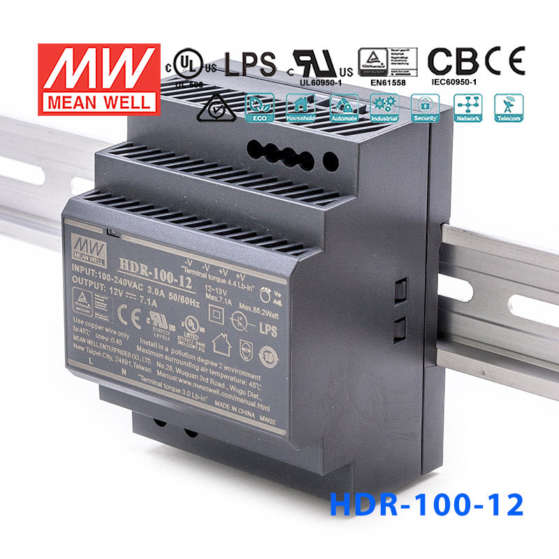 ספק כוח HDR-100-12 Mean Well 12VDC 7.1A 85.2W להתקנה על פס DIN