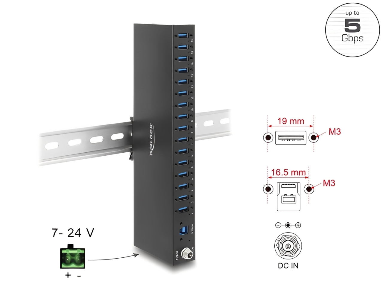 Delock 60793 - תרשים חיבורים: USB 5Gbps, הזנה 7-24V דרך Terminal Block, נעילת ברגים M3 במרווח 19/16.5 מ