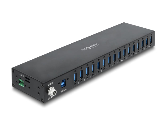 Delock 60793 - רכזת USB 3.0 תעשייתית 16 יציאות USB Type-A ממוספרות עם מהדק Terminal ושקע DC, מארז מתכת שחור
