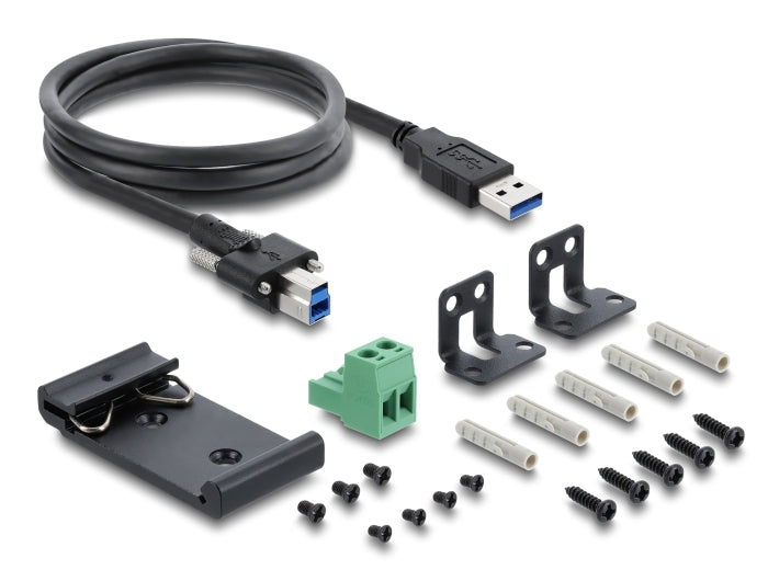 תכולת אריזת Delock 60793 - כבל USB A-B נעילה, 2 תושבות קיר, תפס DIN, מחבר Terminal Block, ברגים ודיבלים