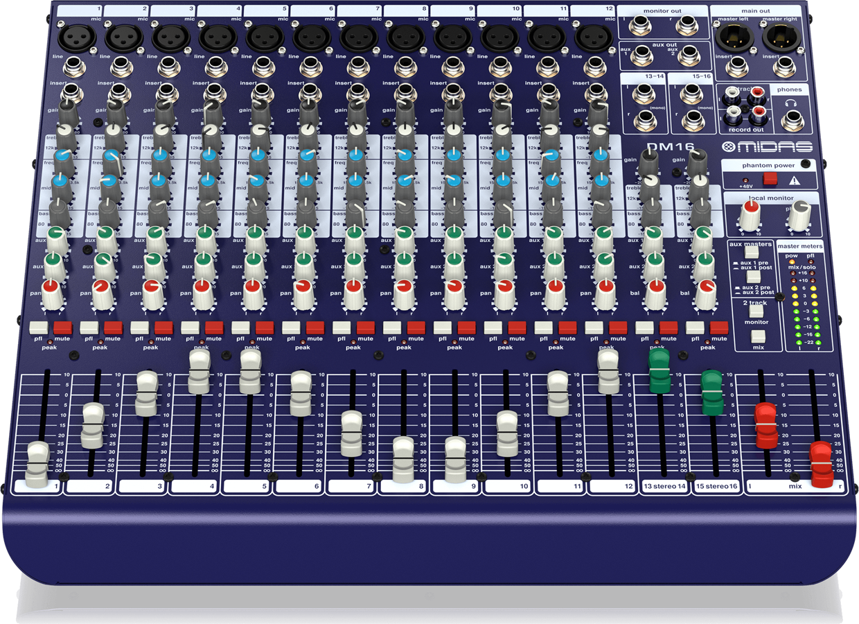 מיקסר 12 מונו + 2 סטר', 2xAUX MIDAS DM16
