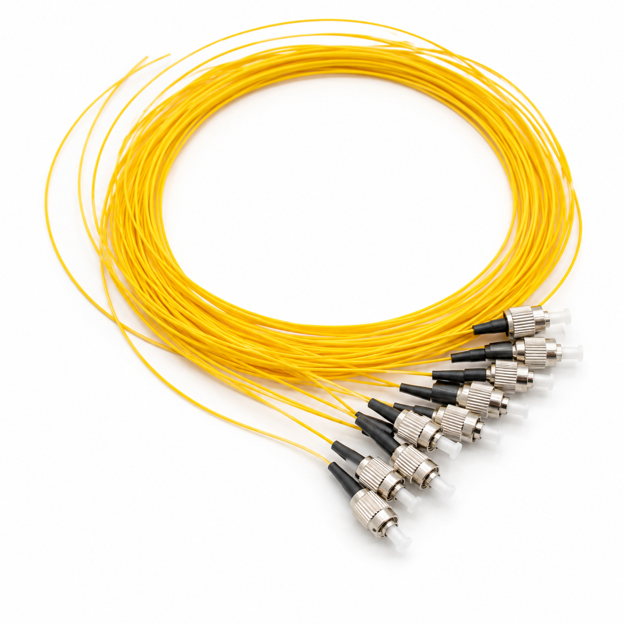 אריזת 12 פיגטיילים FC/UPC סינגל מוד G657A2 0.9mm – כבל צהוב 1.5 מטר