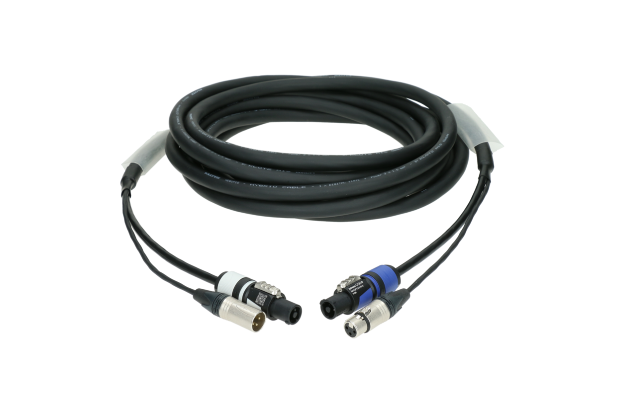 כבל היברידי מוכן באורך 10 מטר הכולל כבל DMX 3PIN + חשמל POWERCON כחול אפור