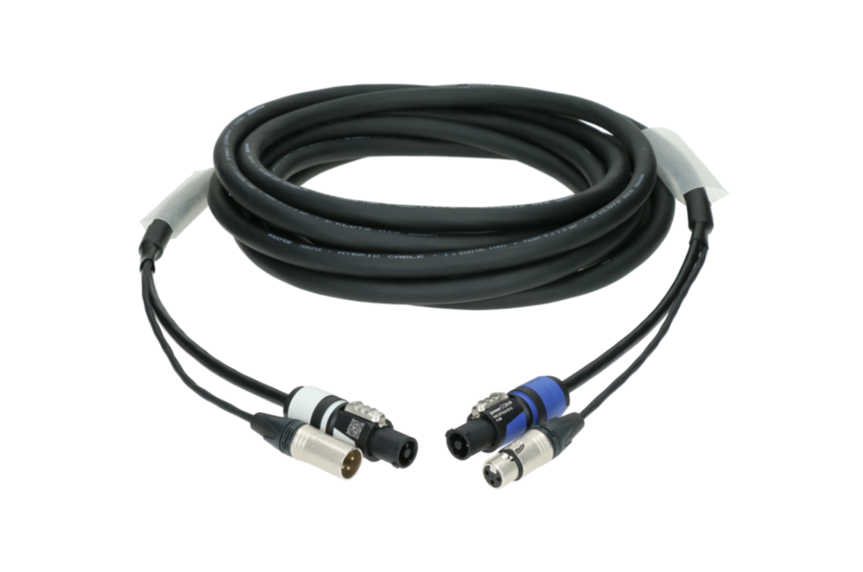 כבל היברידי מוכן באורך 20 מטרים הכולל כבל 3PIN DMX + מחברי POWERCON כחול ואפור