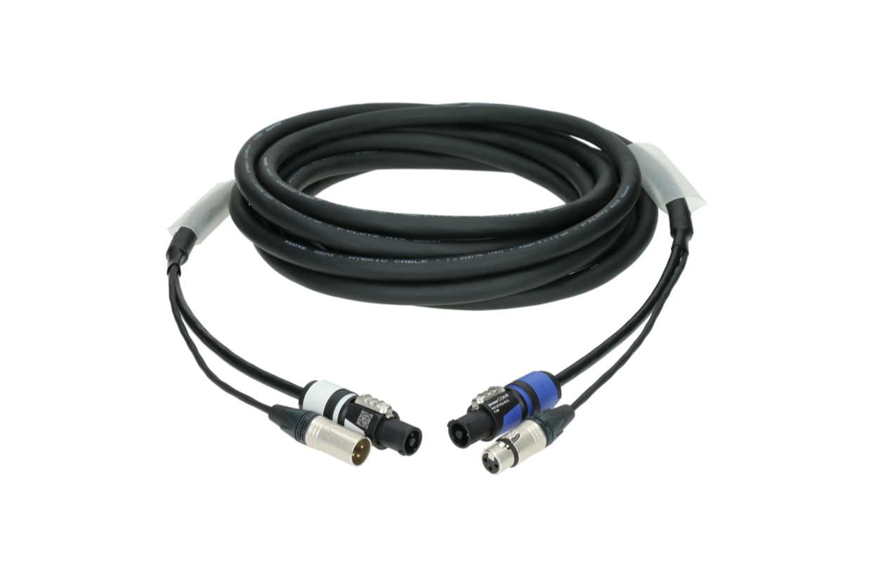 כבל היברידי מוכן באורך 30 מטרים הכולל כבל 3PIN DMX + מחברי POWERCON כחול ואפור