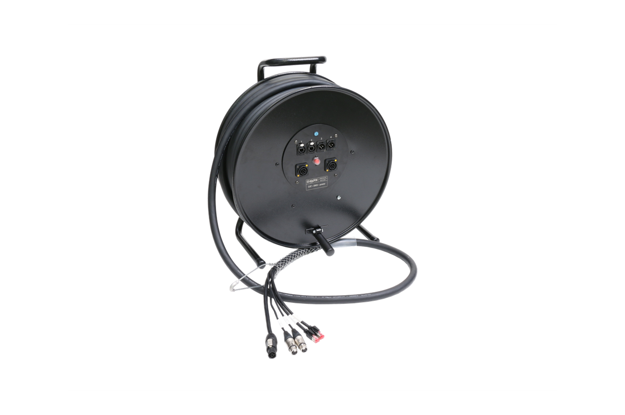 כבל היברידי בגלגלת באורך 64 מטר הכולל 2xRJ45 2xDMX3p powerCON TRUE1