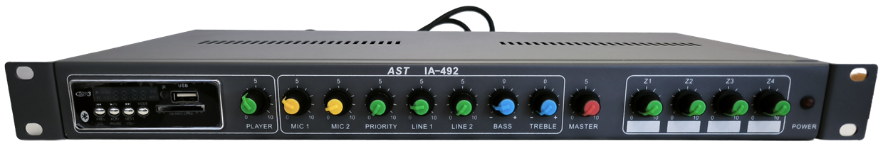 מגבר 4 אזורים, 4x92W RMS 2ohm, נגן USB/SD מובנה