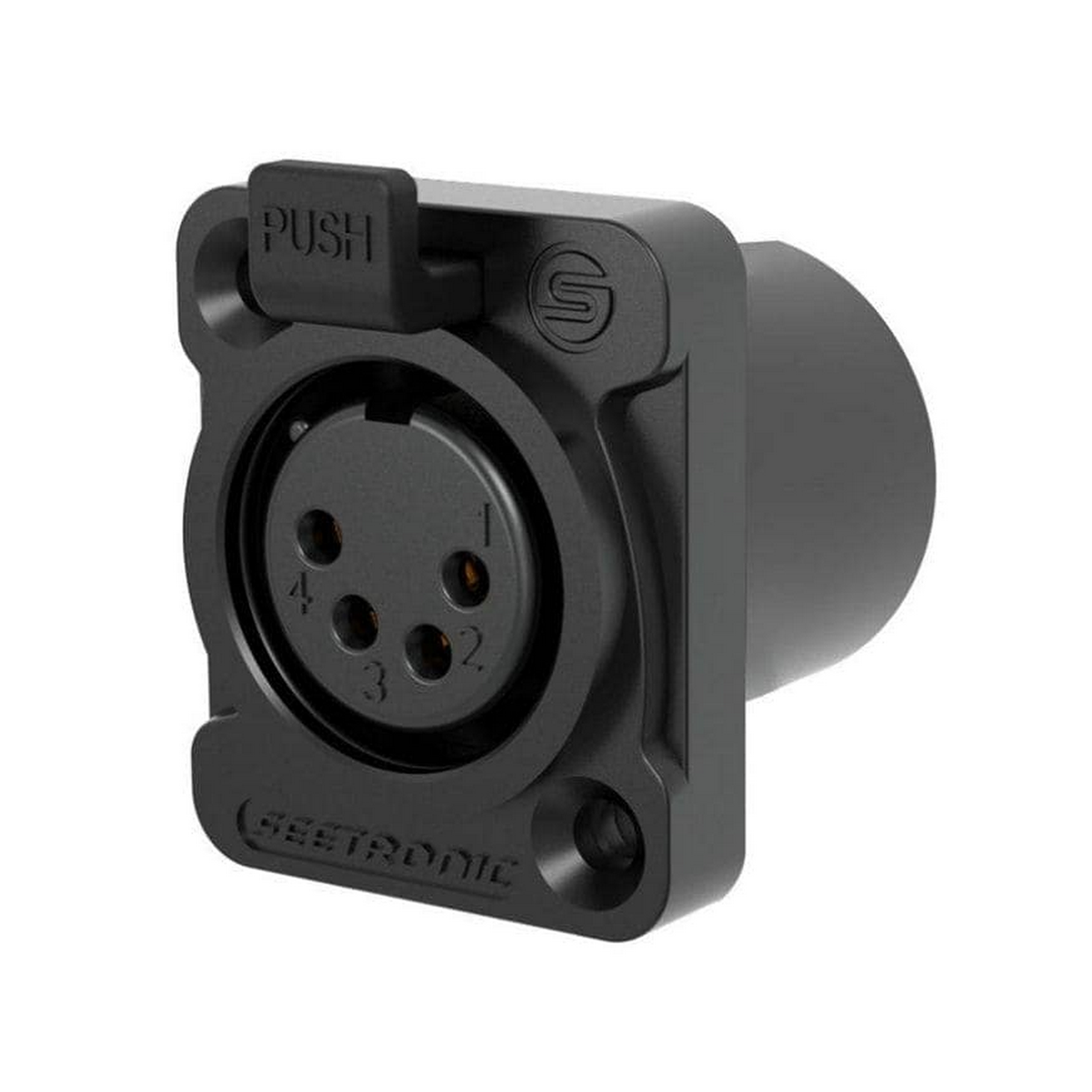 שקע XLR נקבה 4 פינים לפנל IP67, בית מתכת שחור, מגעים מצופי זהב