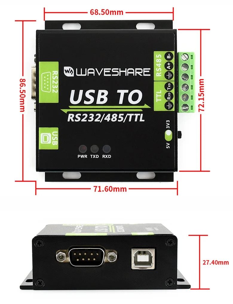 Waveshare USB RS232 RS485 TTL — ממדים
