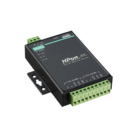 Moxa NPort 5232 — שרת מכשירים סריאלי תעשייתי עם 2 פורטים RS-422/485 להמרה ל-Ethernet, חיבור בלוק הדקים, מארז מתכת