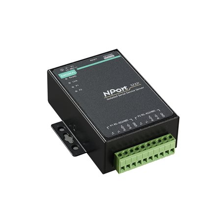 Moxa NPort 5232I — שרת מכשירים סריאלי מבודד עם 2 פורטים RS-422/485, בידוד אופטי 2kV, חיבור בלוק הדקים, מארז מתכת