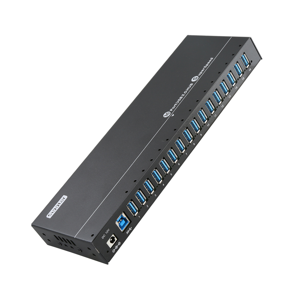 Sipolar A-316 - רכזת USB 3.0 תעשייתית מוקשחת 16 יציאות במארז אלומיניום שחור עם חיווי LED לכל פורט
