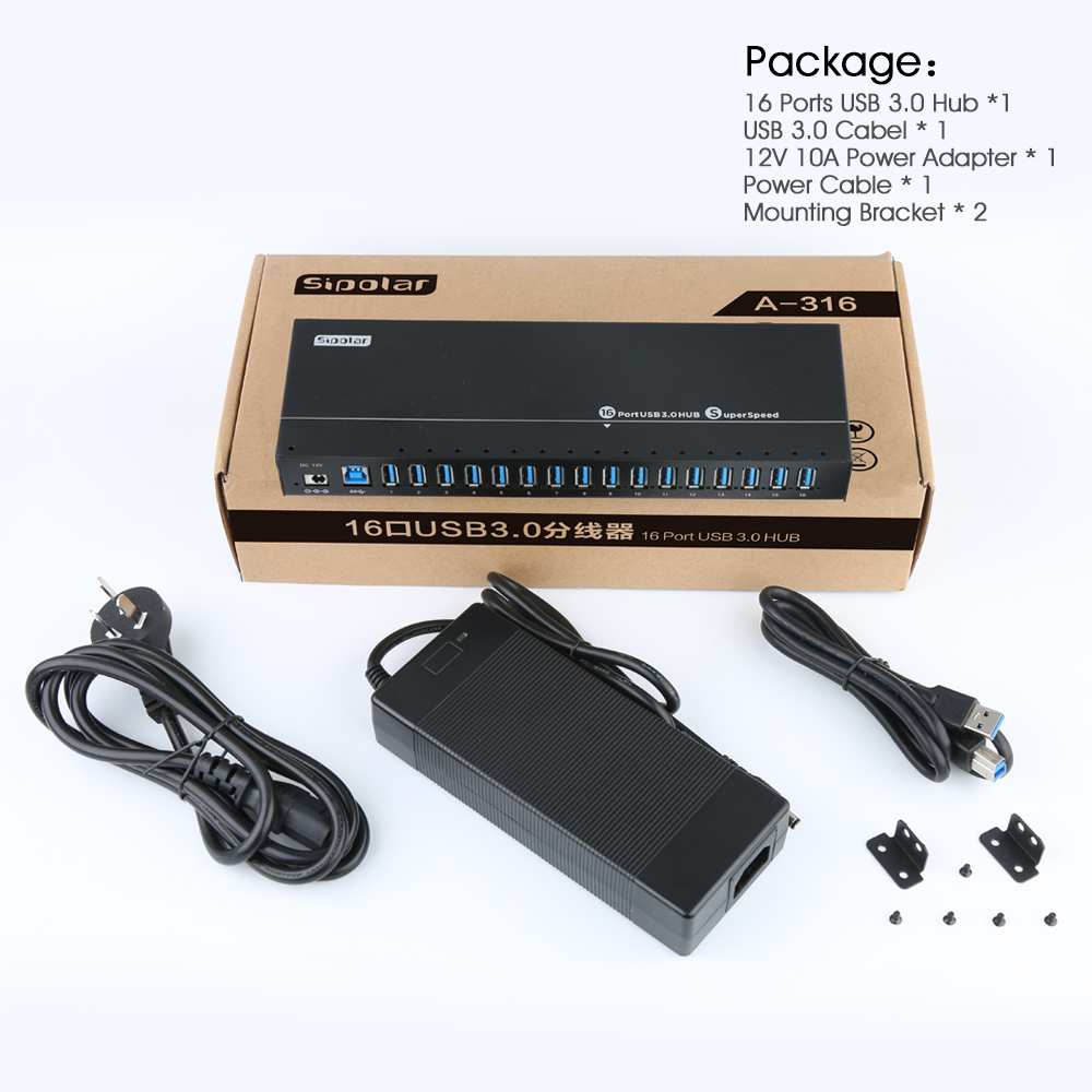 תכולת אריזת Sipolar A-316 - רכזת USB 3.0, כבל USB, ספק כוח 12V/10A, כבל חשמל, 2 תושבות הרכבה ומדריך