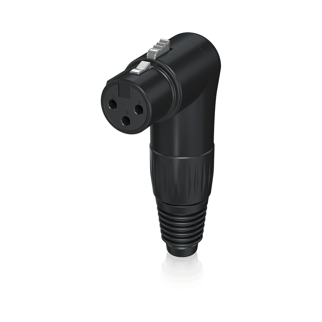 מחבר XLR נקבה 3 פינים בזווית 90°, גוף מתכת שחור, מתאים לכבלים 4–8 מ"מ