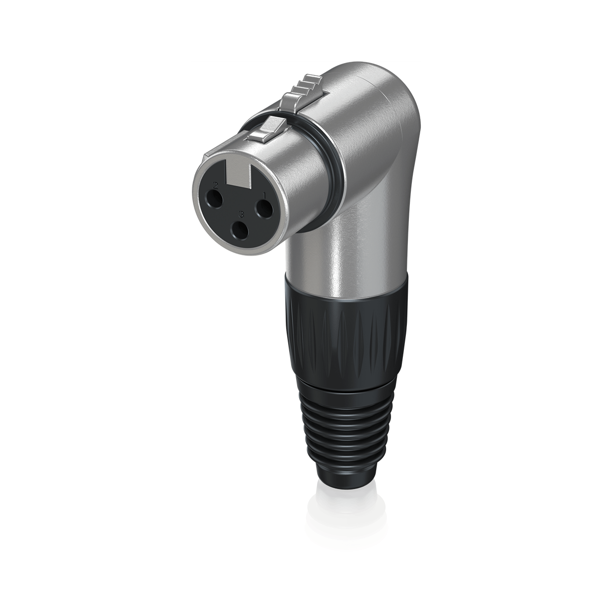 מחבר XLR נקבה 3 פינים בזווית 90°, גוף מתכת כסוף, מתאים לכבלים 4–8 מ"מ