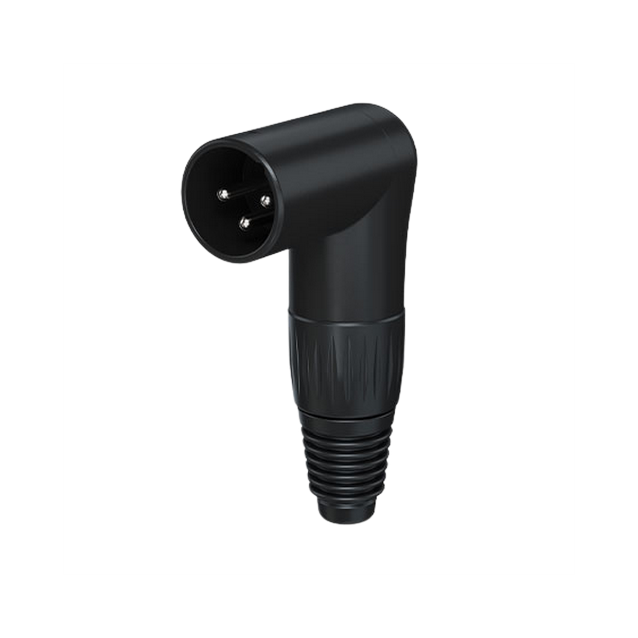 מחבר XLR זכר 3 פינים בזווית 90°, גוף מתכת שחור, מתאים לכבלים 4–8 מ"מ