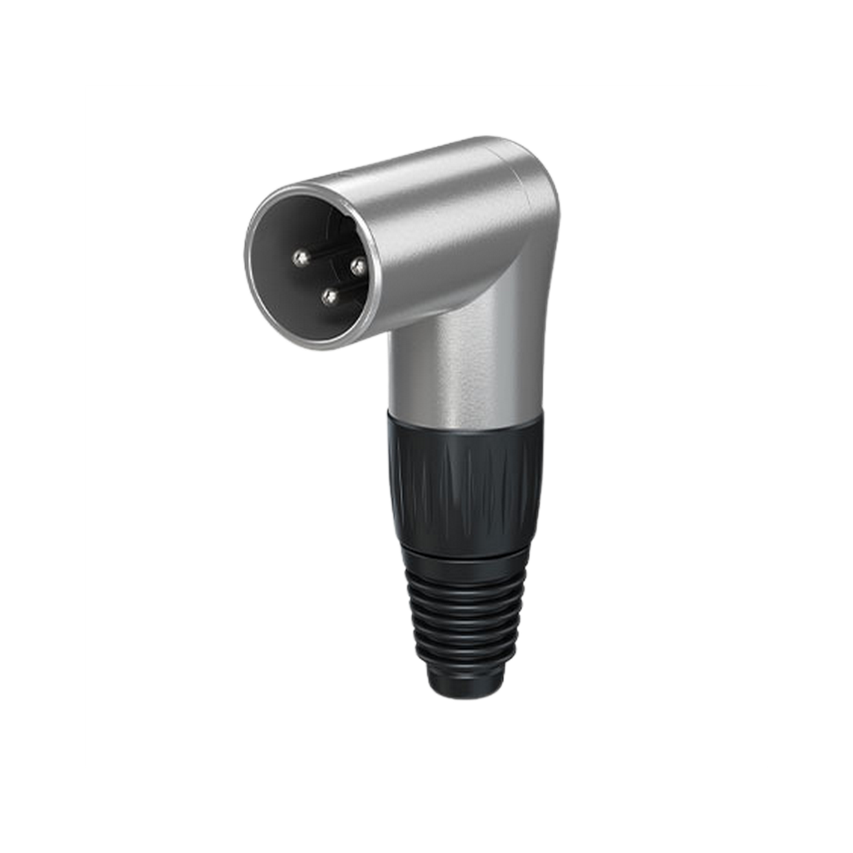 מחבר XLR זכר 3 פינים בזווית 90°, גוף מתכת כסוף, מתאים לכבלים 4–8 מ"מ